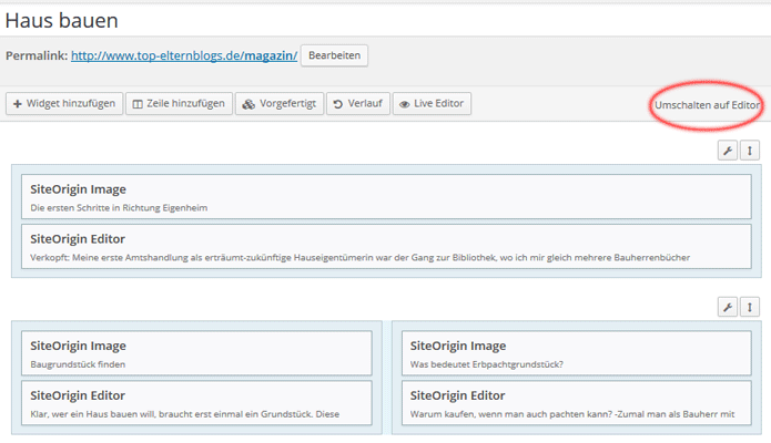 backend von Siteorigin page builder