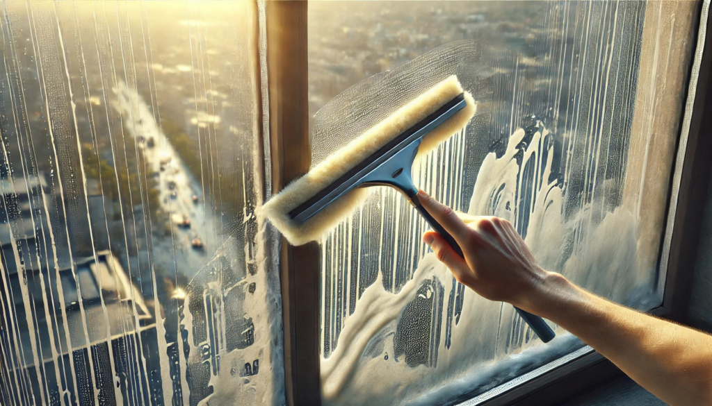 schmutzige Fenster putzen